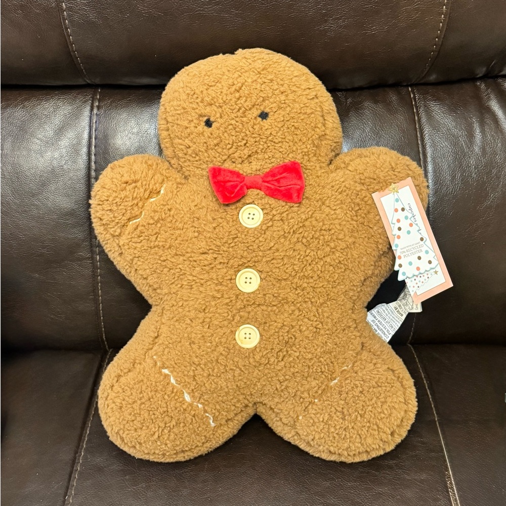 Gingerbread Man Holiday Pillow with Red Bow